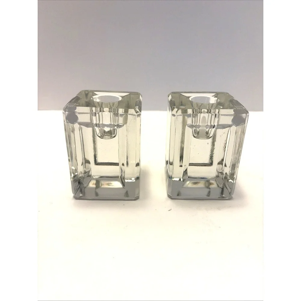 Vtg MCM Crystal Glass Ice Cube Style Candle Holder Pair Indented Sides Heavy